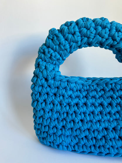 blue crochet handbag